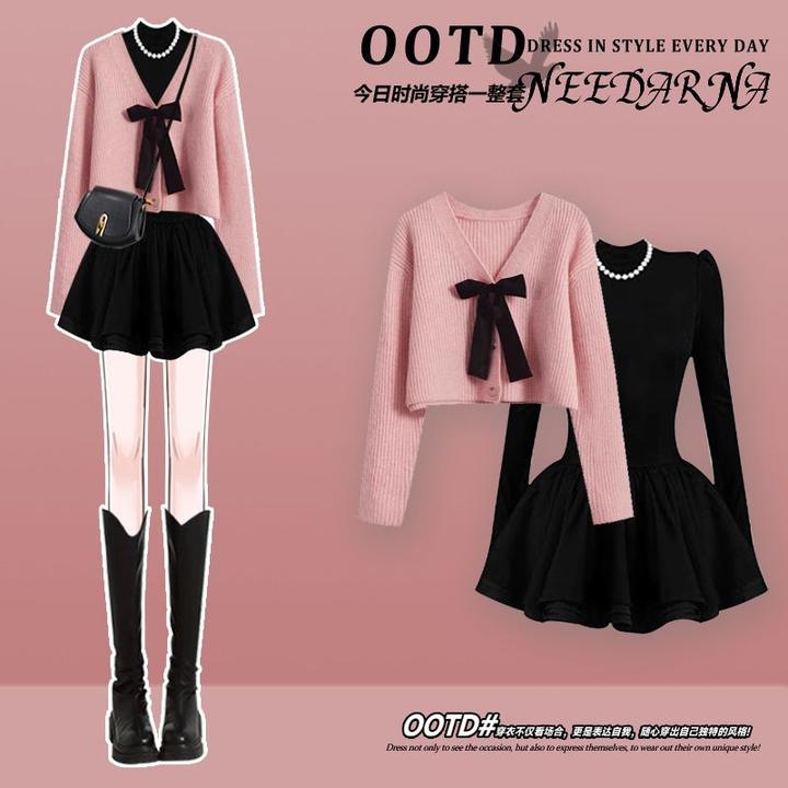 秋冬套装女2024新款小香风针织毛衣女韩系氛围感显瘦连衣裙两件套