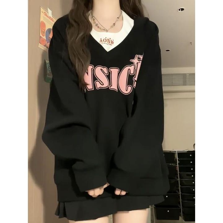 WG&YW大码-300斤oversize宽松甜辣妹挂脖假两件连帽卫衣女上衣ins