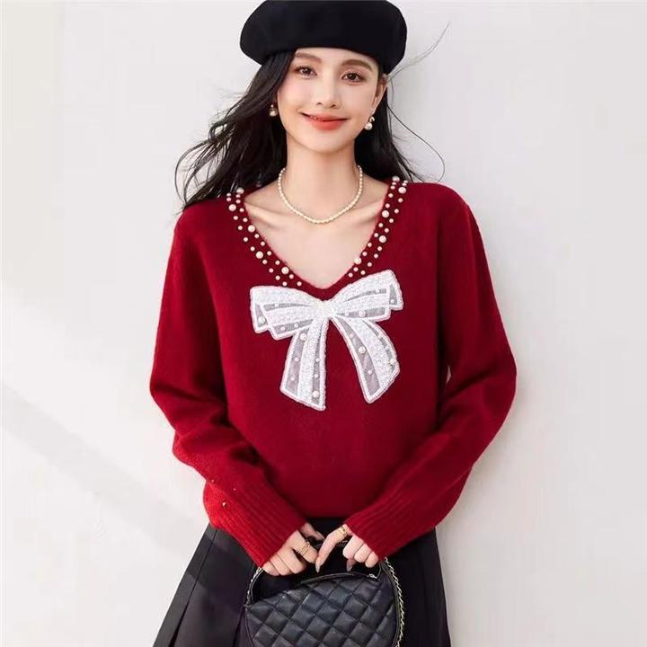 秋冬法式新款蝴蝶结毛衣气质显瘦2024套头打底长袖上衣钉珠针织衫