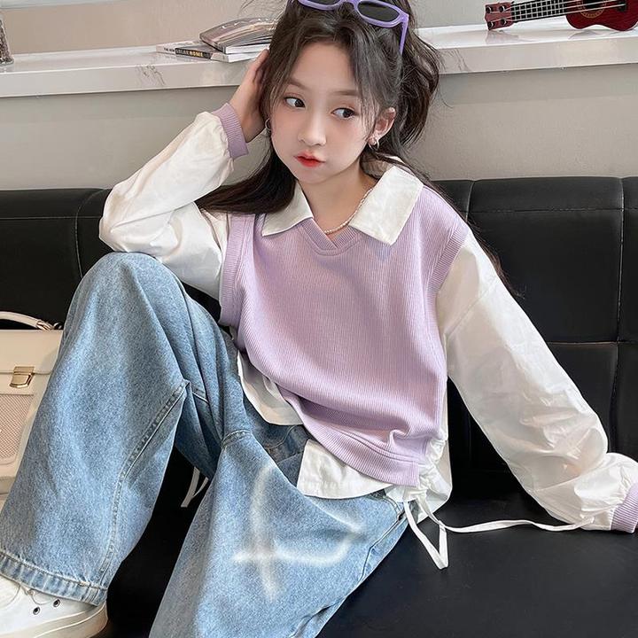 春装套装时尚假两件上衣2024新款女孩衬衫牛仔裤韩版两件套