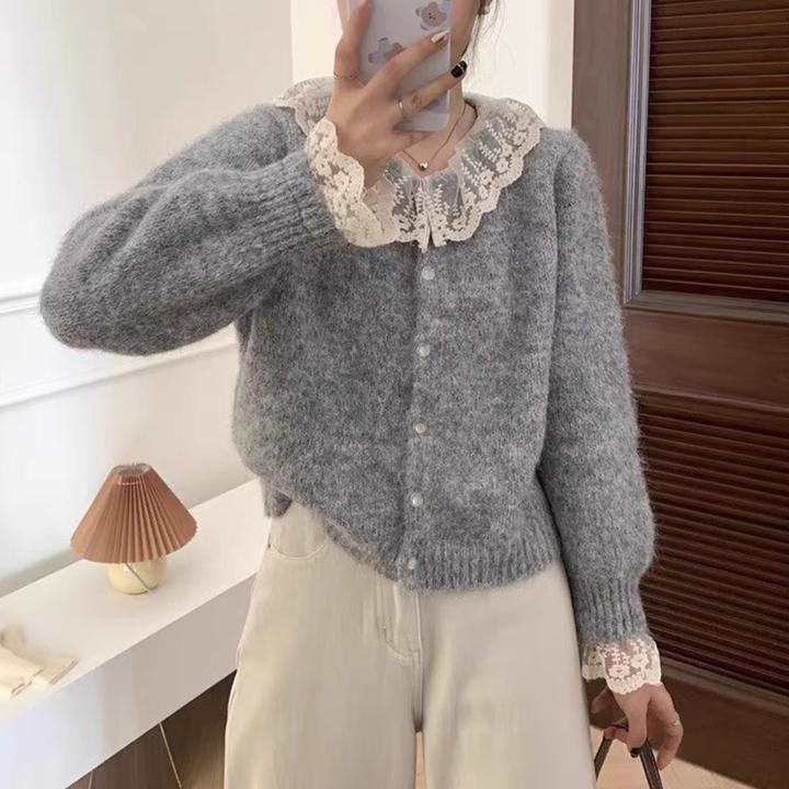 爆款洋气蕾丝花边娃娃领针织开衫女法式温柔风外套女韩版时尚毛衣