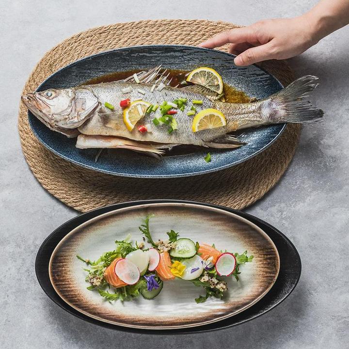石纹鱼盘家用陶瓷盘子餐具复古创意大容量蒸鱼盘酸菜水煮鱼盘专用