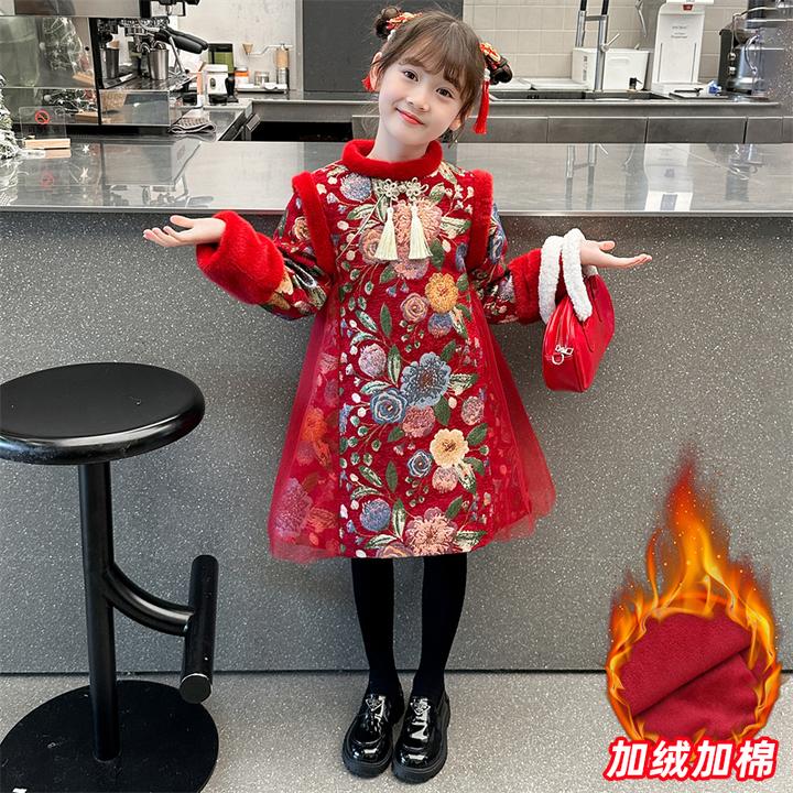 女童公主裙中国风旗袍冬季装新款过年服加绒汉服连衣裙儿童拜年服