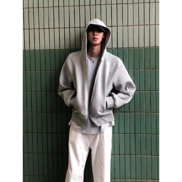 浅灰色重磅400g开衫连帽卫衣那春秋美式oversize潮牌大码中山外套