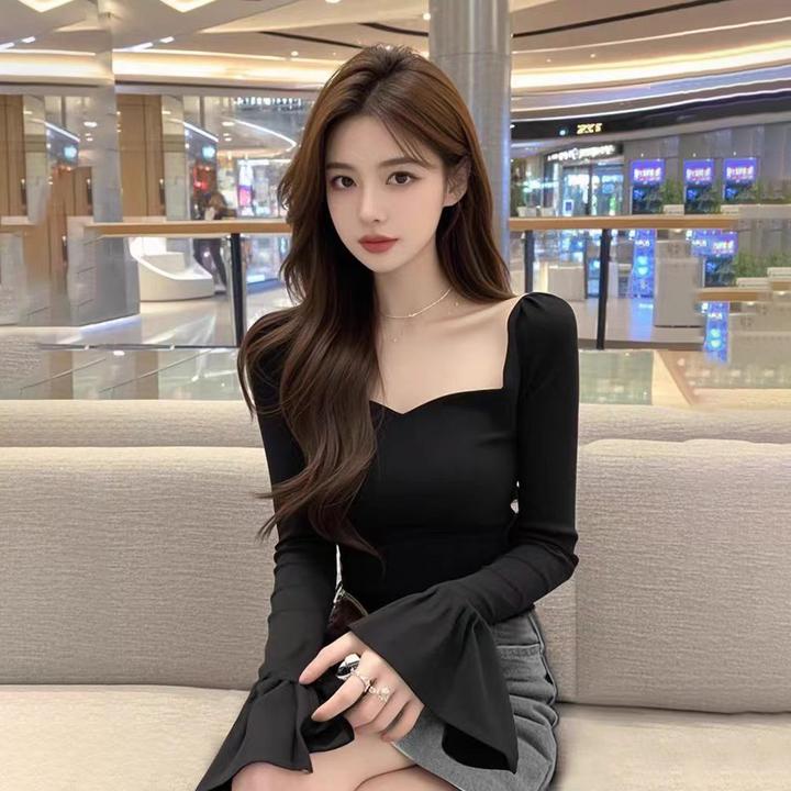 秋冬别致甜辣妹喇叭长袖方领锁骨打底衫女内搭设计感修身短款上衣