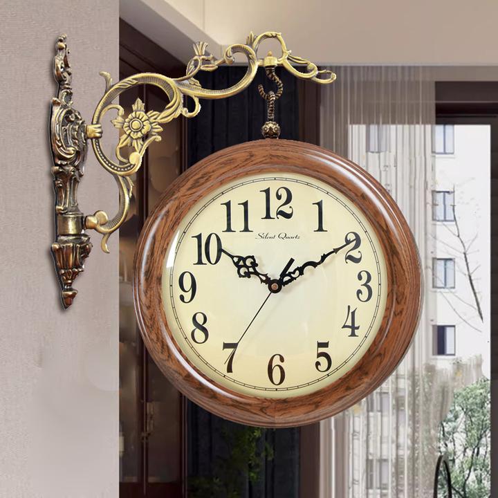 欧式红橡实木双面挂钟静音创意轻奢客厅两面挂表玄关复古挂墙钟表