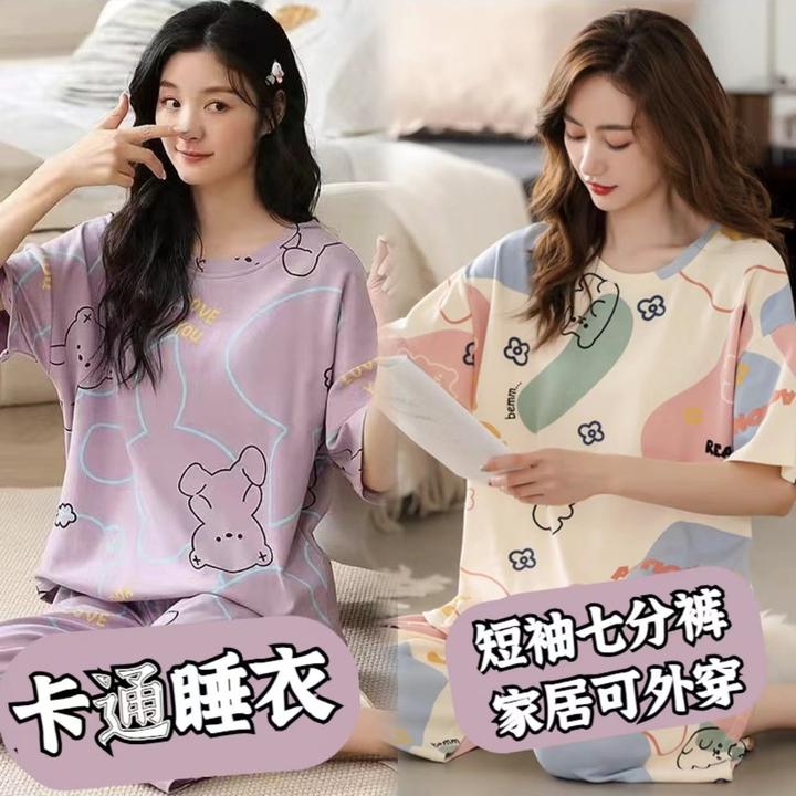 睡衣女夏季短袖七分裤夏天宽松大码套头可外穿家居服休闲女套头06