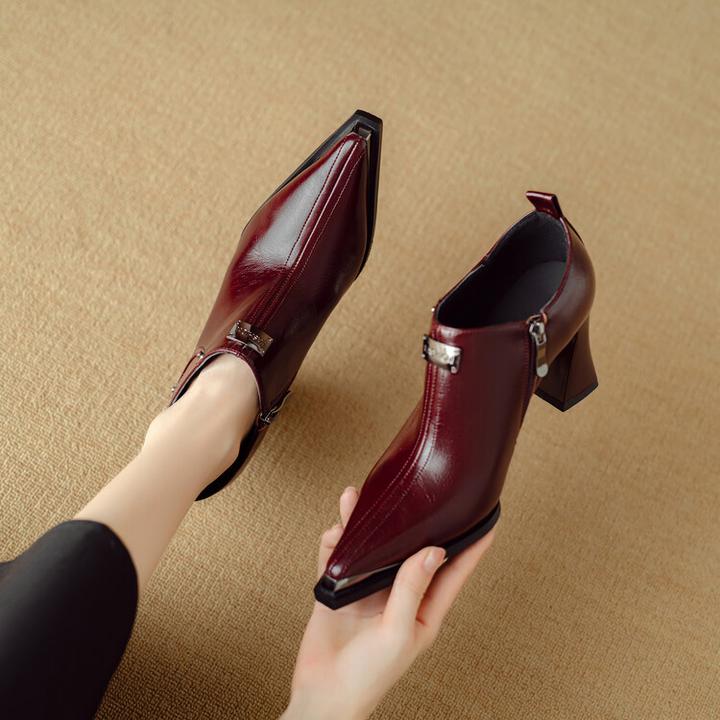 全羊皮~7.5cm气质时尚百搭高跟鞋细粗跟尖头秋冬深口侧拉链单鞋女