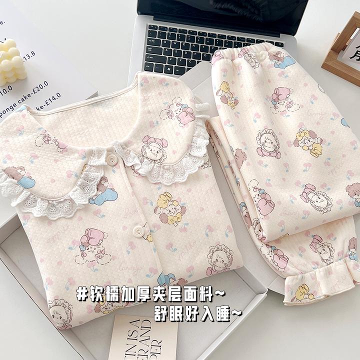 Mikko睡衣女秋冬季长袖空气棉夹层保暖加厚可爱小个子冬天家居服