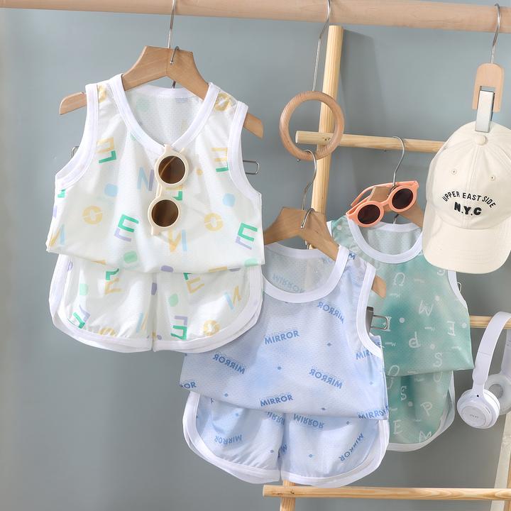 儿童夏季薄款速干套装冰丝透气网眼两件套男女童无袖运动洋气套装