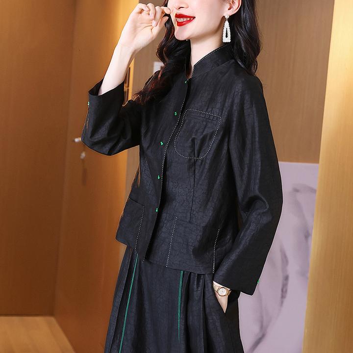 重磅黑色龟裂纹气质真丝衬衫女士休闲复古立领长袖桑蚕丝短外套