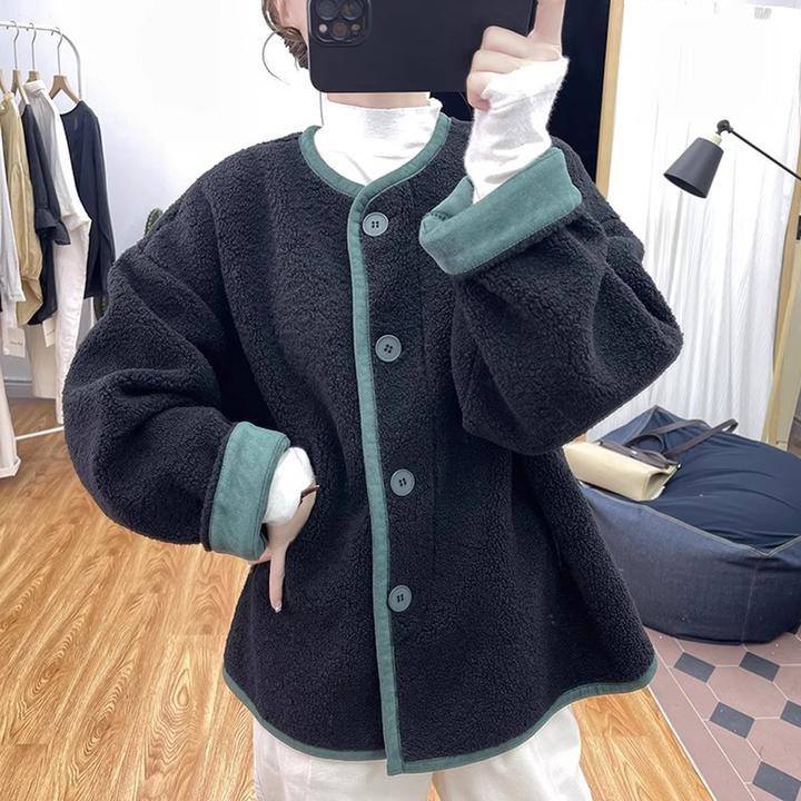 冬装设计拼色仿羊羔毛外套女慵懒风上衣2026新款圆领宽松毛绒大衣