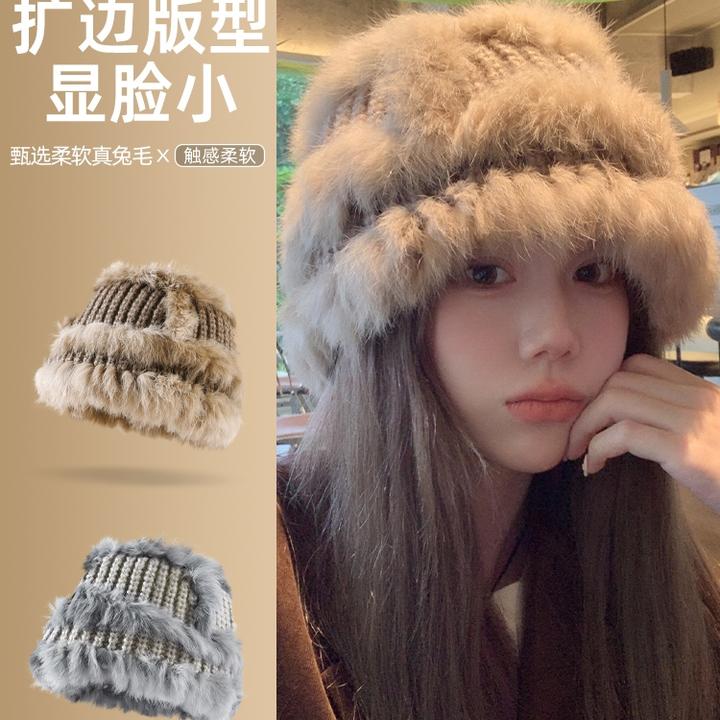真兔毛帽子女美拉德渔夫帽显脸小盆帽冬季保暖毛线针织帽毛绒冷帽
