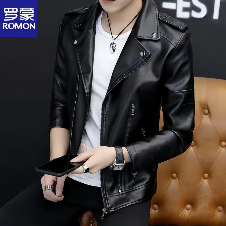 罗蒙海宁翻领皮衣男士西装外套春秋季新款商务潮流休闲西服皮夹克