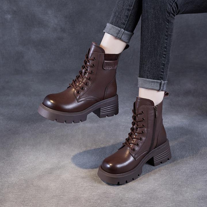 真皮粗跟厚底马丁靴女2024秋冬新款软皮单靴头层牛皮加绒系带短靴