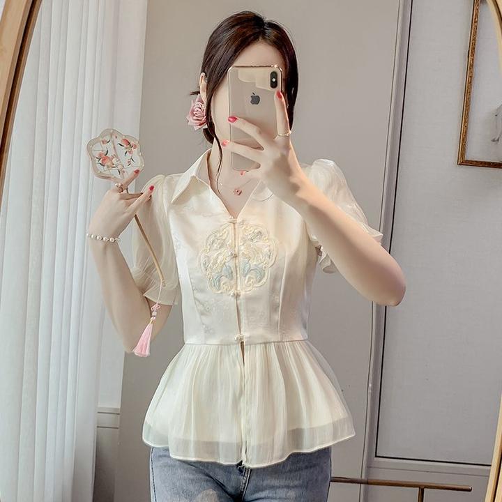 2025国风刺绣衬衫短袖女新款夏季爆款小衫收腰遮肚子中式雪纺上衣