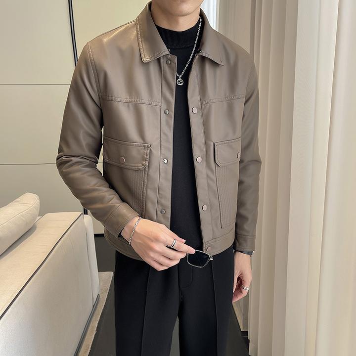 男士短款修身皮衣2025春秋新款翻领痞帅机车服韩版皮夹克男款外套