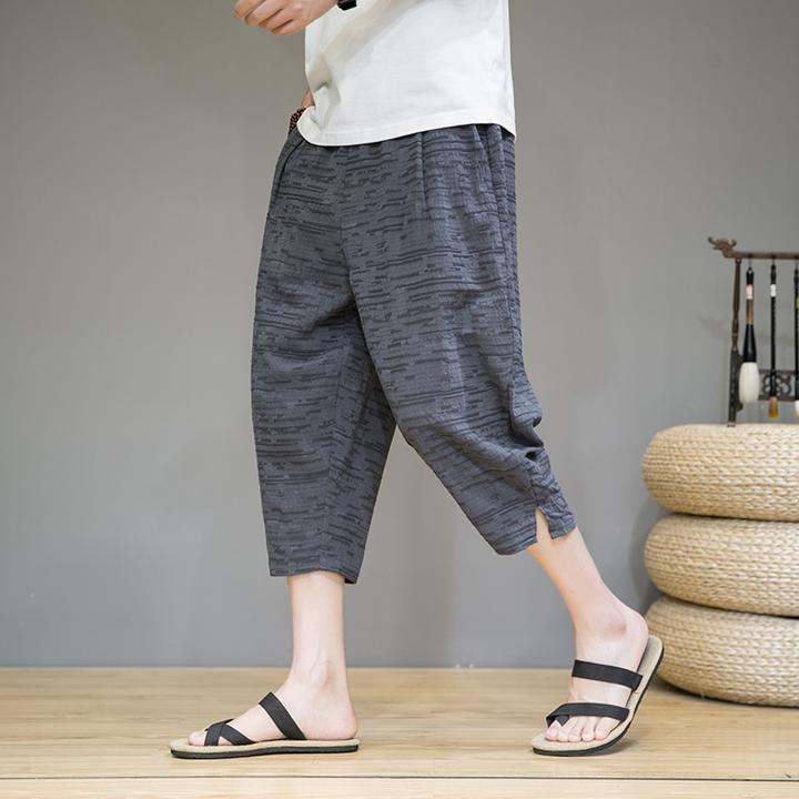 亚麻七分裤男夏季薄款复古风宽松大码休闲裤中国风棉麻直筒哈伦裤