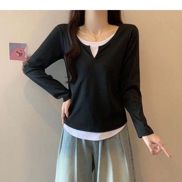 打底衫修身早秋女美式气质百搭韩版上衣极简风假两件拼色内搭长袖