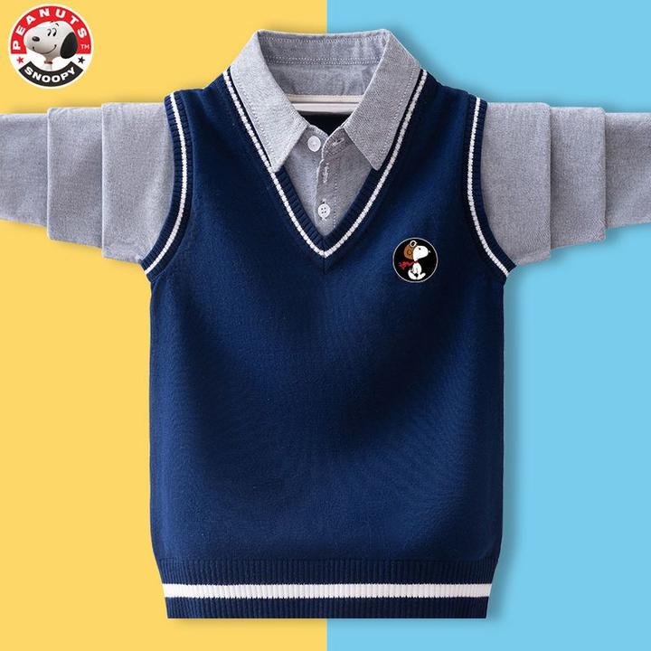 Snoopy/史努比男童毛衣春秋款儿童针织衫中大童假两件男孩帅气潮