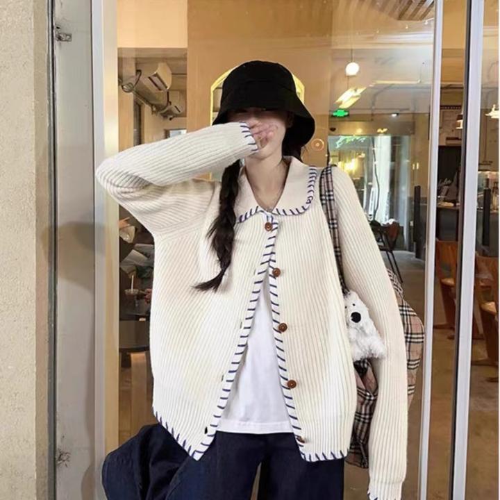 !小香风撞色翻领毛衣开衫秋冬宽松单排盐2025独特漂亮减龄上衣