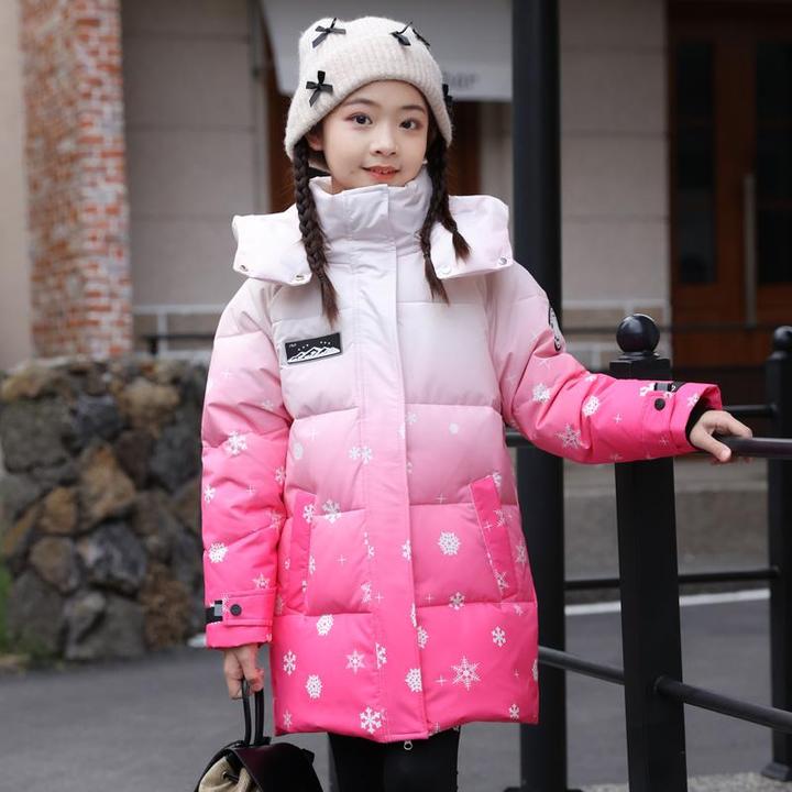 巴拉童年女童中长款羽绒服2024冬季新款洋气童年90白鸭绒渐变加厚