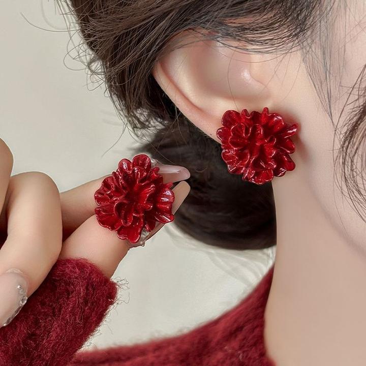 非金属耳饰 酒红色山茶花耳钉女设计感大气耳饰2025新款爆款耳环