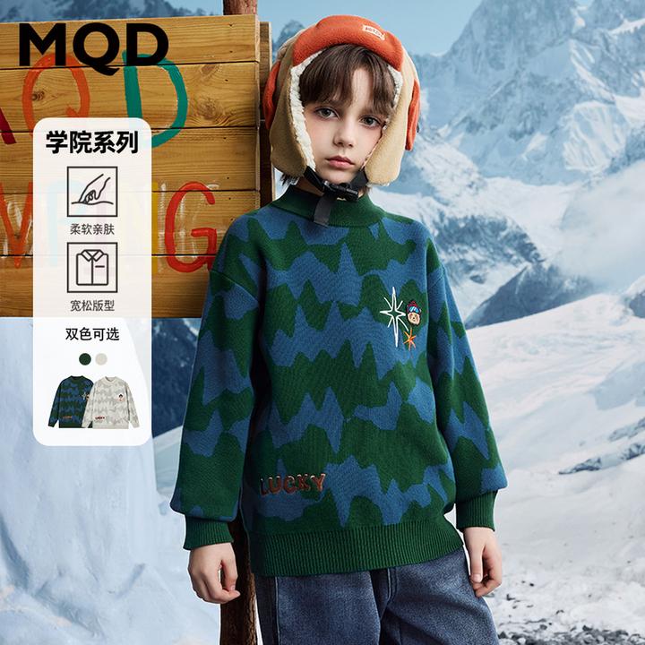 MQD童装儿童24冬季新品学院风卡通条纹半高领毛衣9644W0727