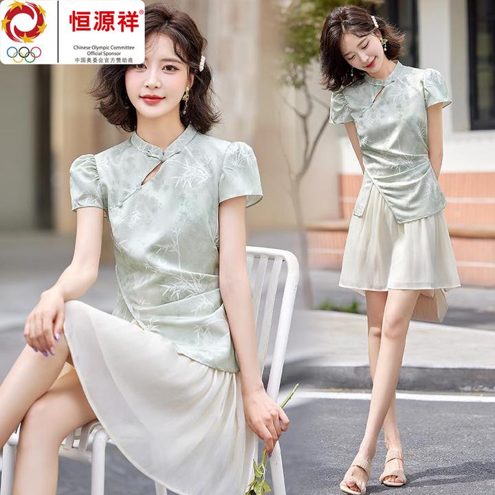 恒源祥彩羊新中式国风假两件短袖连衣裙女夏新款小个子复古盘扣日