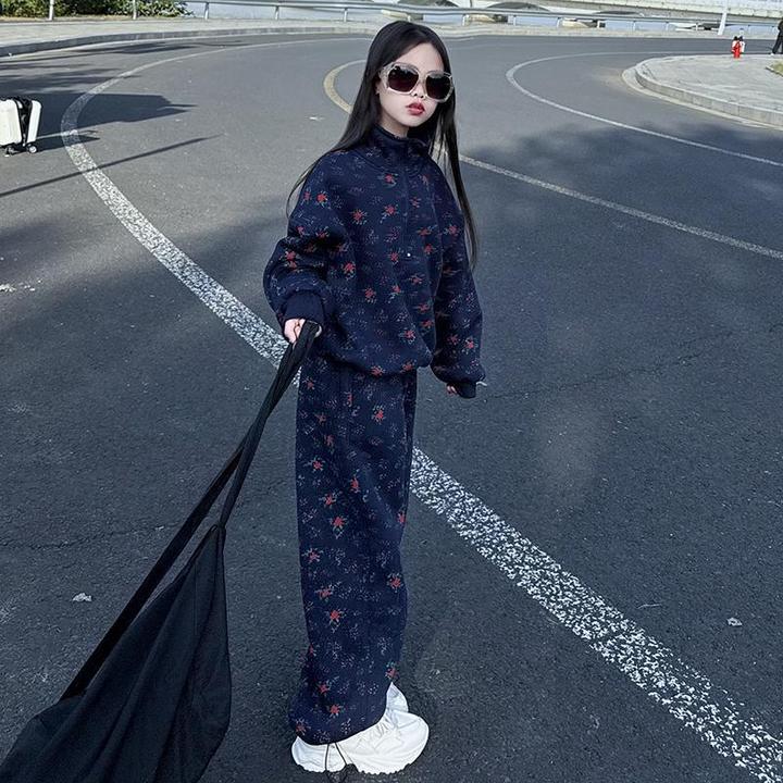 女童加绒卫衣套装儿童休闲秋冬装2024新款女孩复古印花运动长裤子