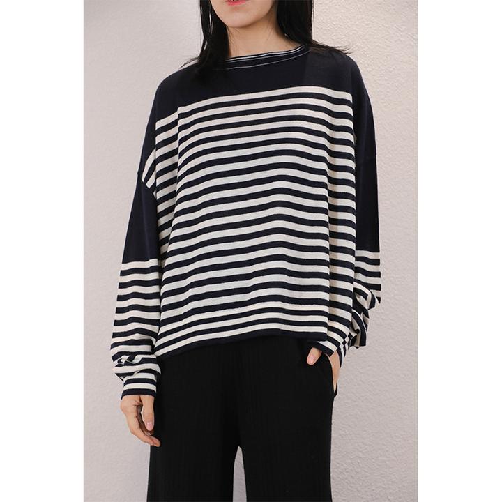东雍 法式慵懒宽松精纺圆领休闲条纹双层卷边羊绒针织蝙蝠套头衫