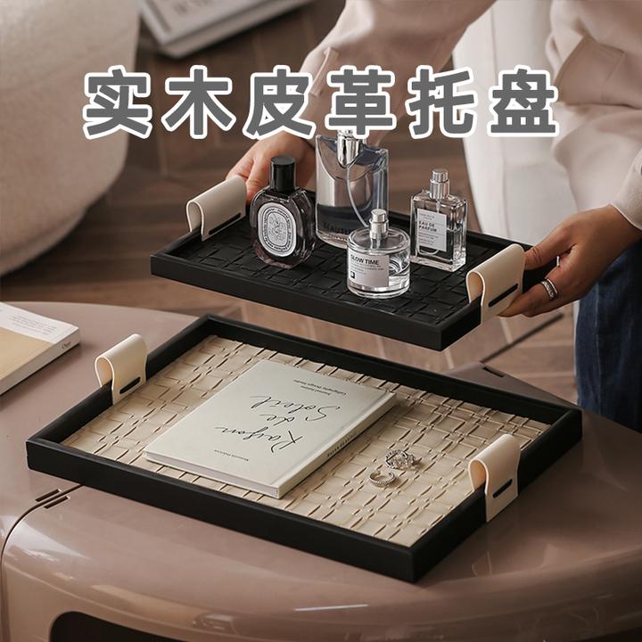 轻奢玄关钥匙收纳盘盒中古高档黑色皮革质香薰托盘法式装摆件