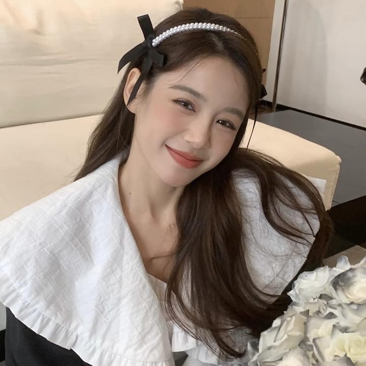 黑色珍珠蝴蝶结发箍女秋冬高级感复古法式气质压发头箍韩国头饰女