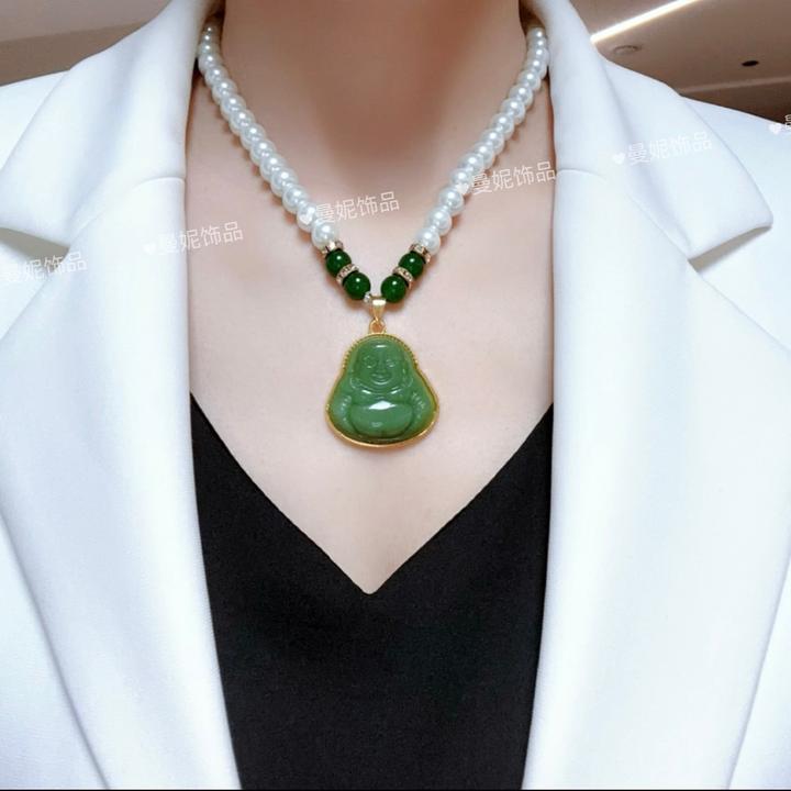 铜合金玻璃项链 气质精美大佛公吊坠女士百搭挂件妈妈毛衣链项链