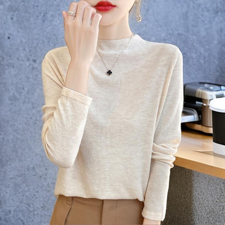 48支圆领初秋羊毛桂花针薄款长袖套头打底针织毛衣内搭纯色简约新