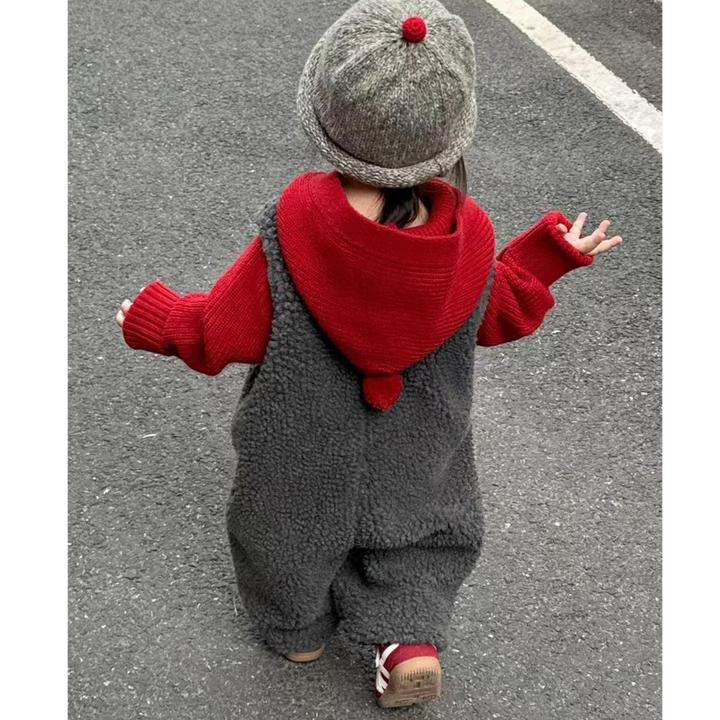 韩系童装2026秋冬新款灰色毛绒夹棉背带连身裤儿童红色连帽毛衣