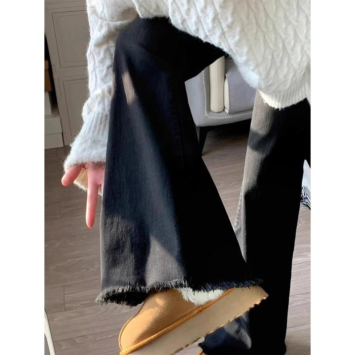 黑色微喇毛边牛仔裤女2025年春秋季高腰弹力阔腿显瘦梨形身材裤子