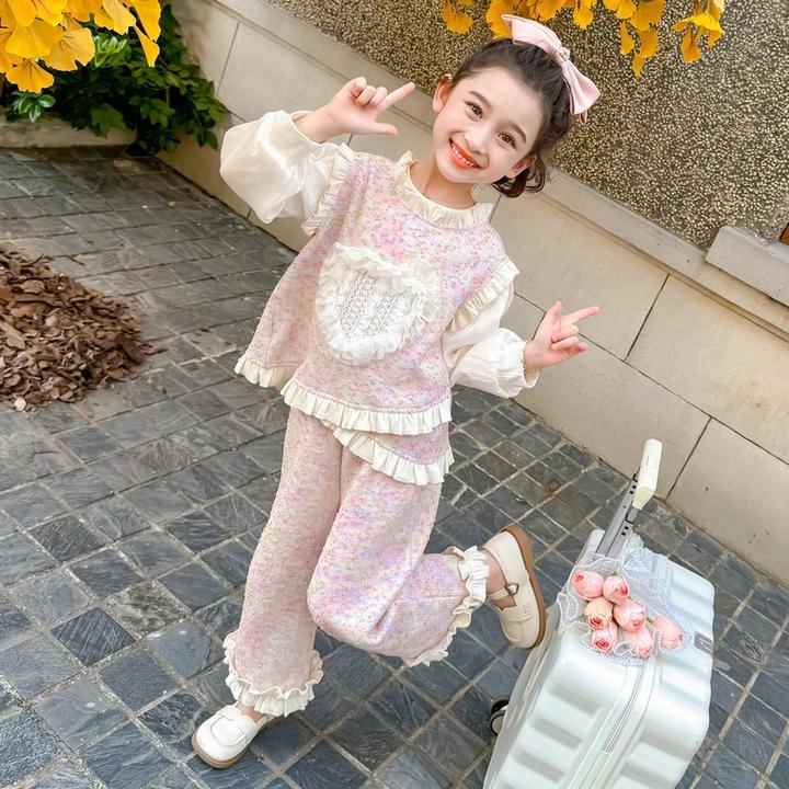 女童套装春秋季2024新款洋气时髦儿童木耳花边衣服小香风