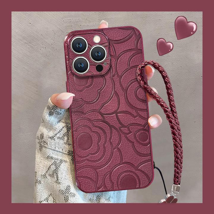 适用iphone16苹果15pro14promax高级感网红手绳山茶花皮纹手机壳