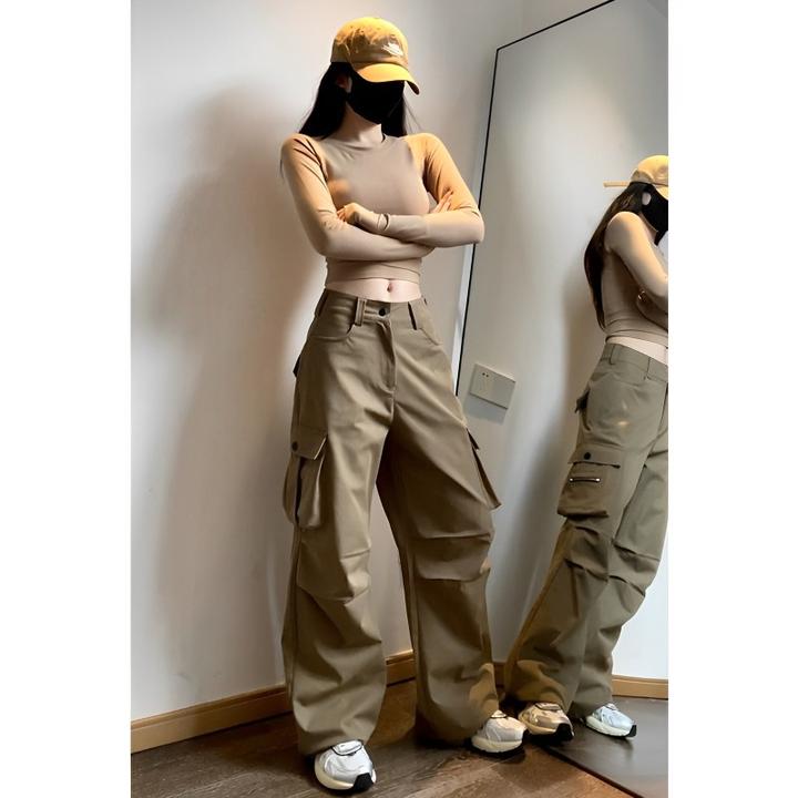 夏季其美拉德风新中式健身跳舞显瘦女高腰阔腿休闲户外宽松工装裤