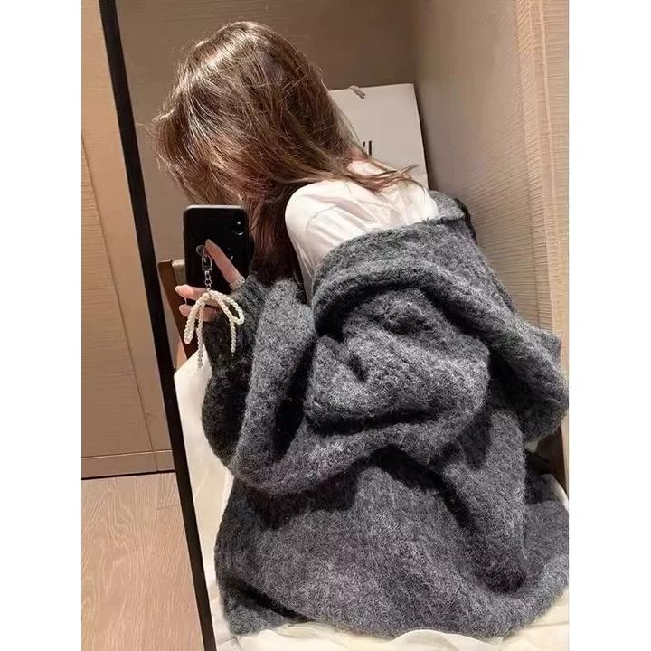 慵懒感软糯连帽毛衣外套女2024秋冬韩系宽松中长款针织外搭大衣厚