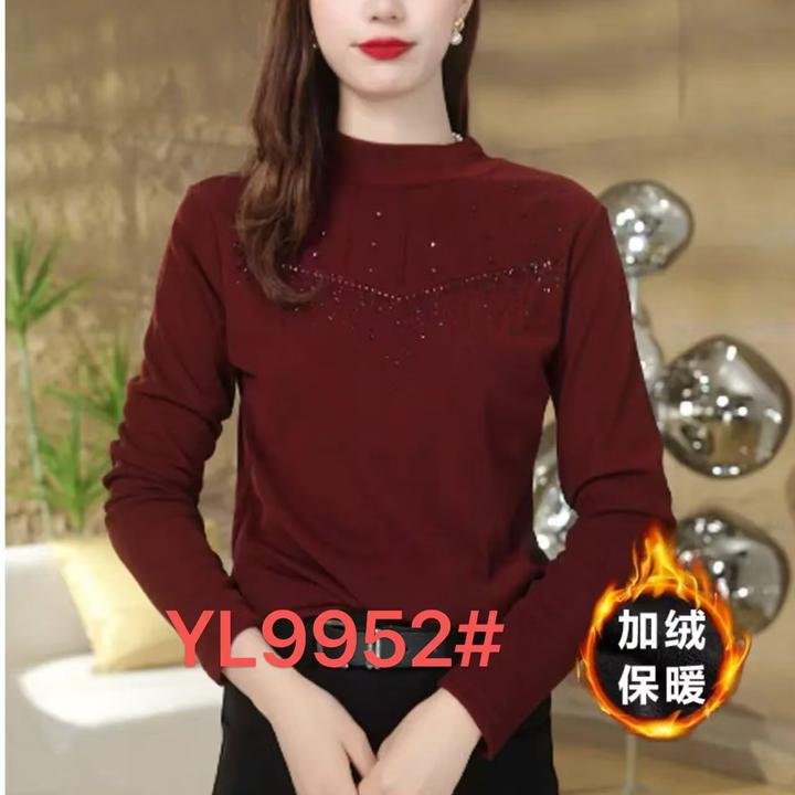 2024冬季时尚立领镂空烫钻网纱高弹加绒加厚超柔里绒女士打底衫