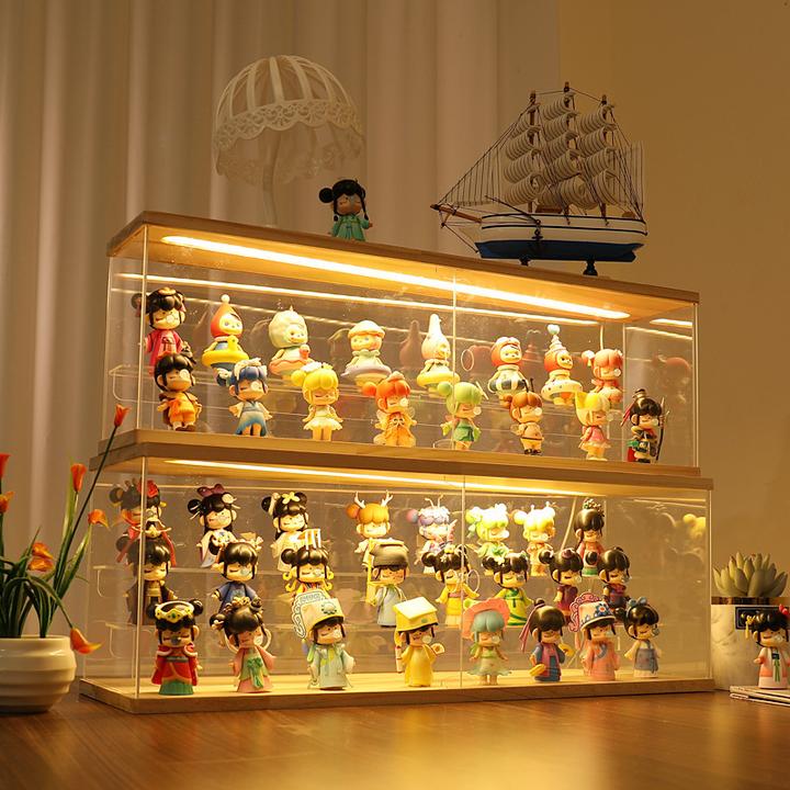 亚克力带灯盲盒收纳展示架泡泡玛特公仔收纳盒透明手办展示柜实木