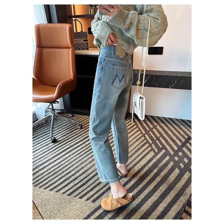 大码200斤浅蓝色直筒牛仔裤女春季新款高腰宽松显瘦九分烟管裤子