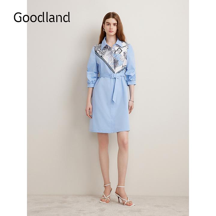 【醋酸抗皱】Goodland美地秋季法式涂鸦设计衬衫连衣裙