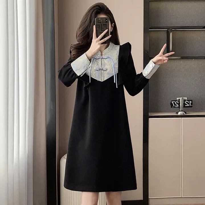 春秋季气质2024新款打底改良国风大码旗袍A字裙宽松连衣裙新中式