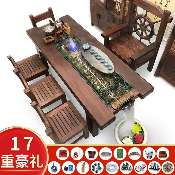 流水茶台循环水养鱼全自动老船木茶桌椅组合新中式禅意全实木茶桌