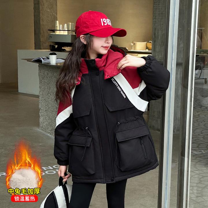 女童派克服冬装棉衣2024新款洋气儿童加厚冬季大童拼色冲锋衣外套