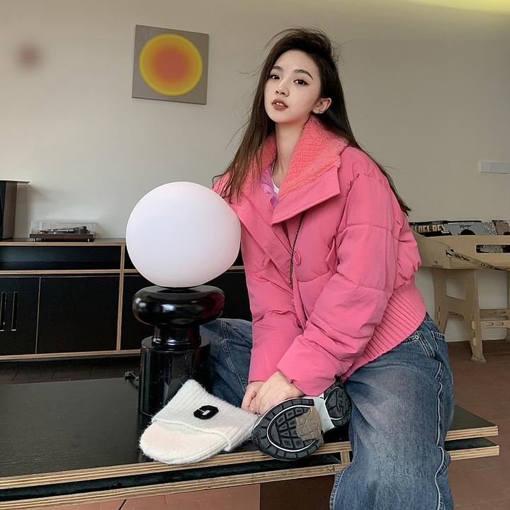 新款棉服设计感羊糕毛翻领小个子短款女面包服棉衣外套潮百搭