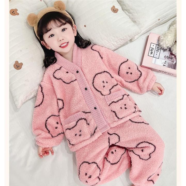 珊瑚绒小熊图案印花开衫套装中小童家居服睡衣女宝宝洗澡睡衣套装
